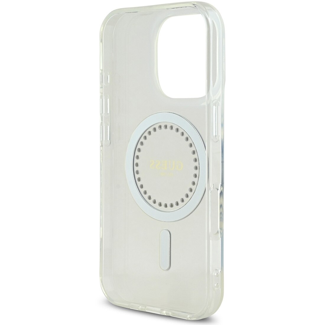 Husa de protectie Guess IML Rhinestones Ring MagSafe pentru iPhone 16 Pro, Alb