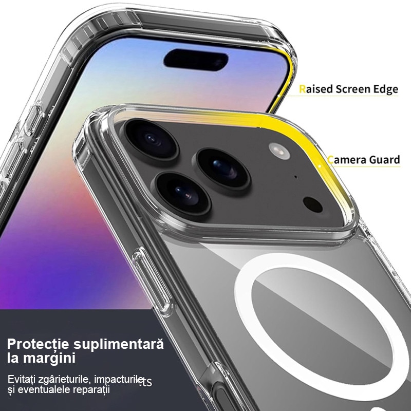 Husa compatibila cu Incarcare Magsafe pentru Apple iPhone 17 Pro, Rqiurpn, de Protectie, Slim, impotriva socurilor, compatibila incarcare wireless, Transparent /Alb