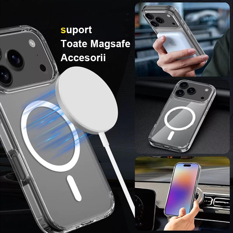 Husa compatibila cu Incarcare Magsafe pentru Apple iPhone 17 Pro, Rqiurpn, de Protectie, Slim, impotriva socurilor, compatibila incarcare wireless, Transparent /Alb