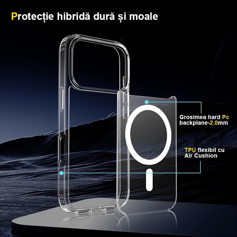 Husa compatibila cu Incarcare Magsafe pentru Apple iPhone 17 Pro, Rqiurpn, de Protectie, Slim, impotriva socurilor, compatibila incarcare wireless, Transparent /Alb