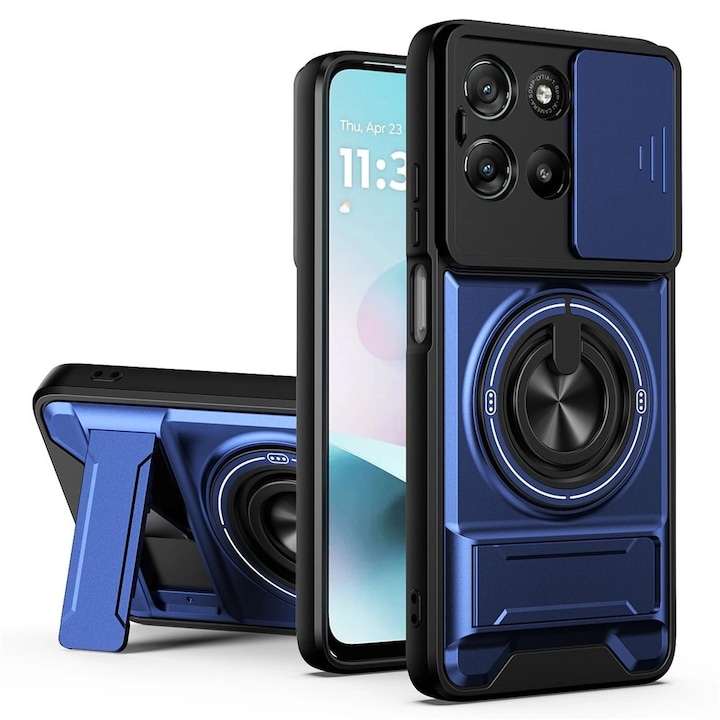 Husa pancera XGSM Motorola Moto G77/G67, protectie dubla TPU si PC, protectie glisanta pentru camera, maner inelar 360° si stand rabatabil, inel magnetic pentru suport auto, albastru, 1 x