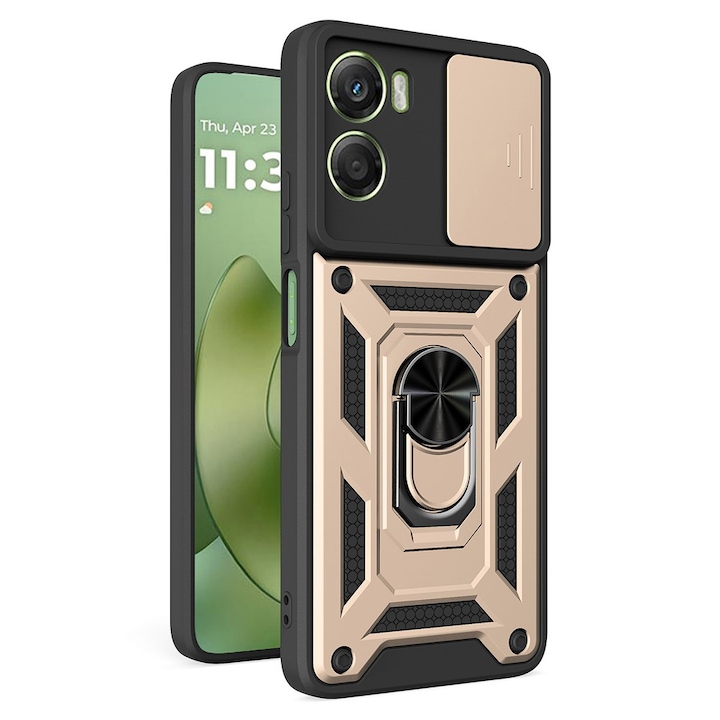 Husa pentru Motorola Moto G06 cu inel rotativ 360 Daden, Camshield series, Hybrid Antisoc, Slider pentru protectia camerei, Auriu