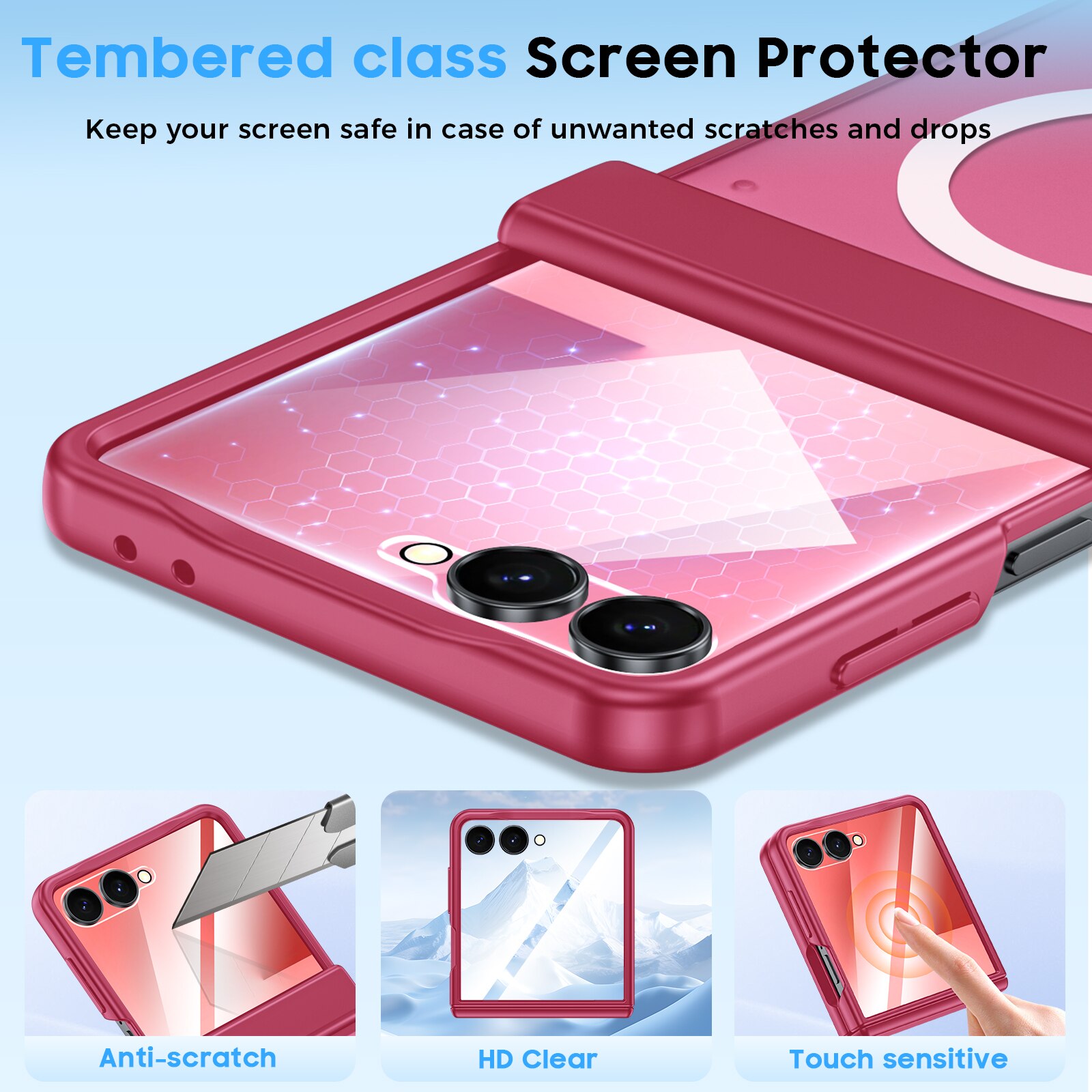 Husa pentru Samsung Galaxy Z Flip7, Cu Magnet MagSafe, Balama Inchisa Protectie Completa, Sticla Securizata Pe Ecran Mic, Husa Mat Subtire Anti-Zgarieturi, Decupaje Precise 1:1, rose red