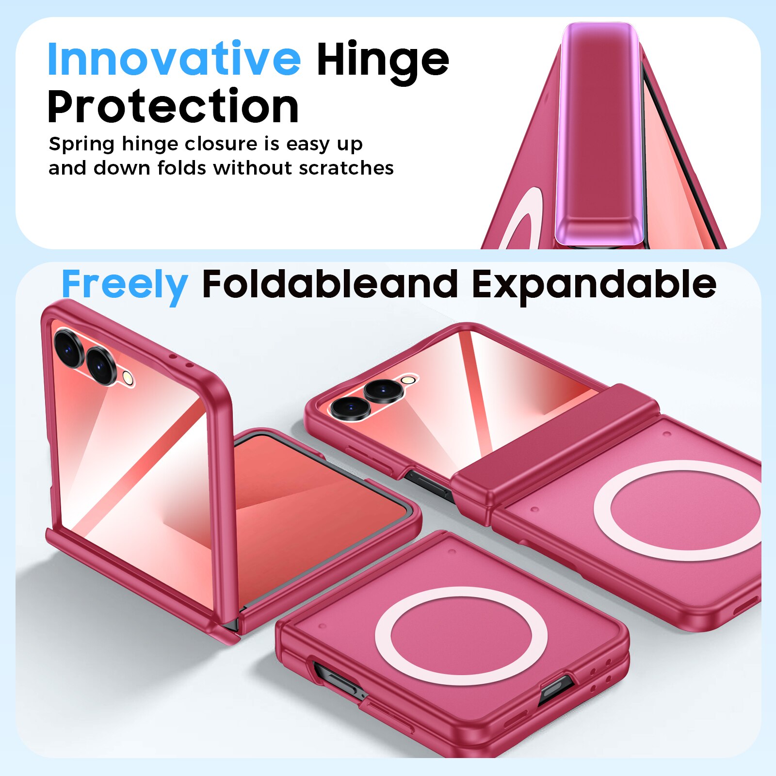 Husa pentru Samsung Galaxy Z Flip7, Cu Magnet MagSafe, Balama Inchisa Protectie Completa, Sticla Securizata Pe Ecran Mic, Husa Mat Subtire Anti-Zgarieturi, Decupaje Precise 1:1, rose red