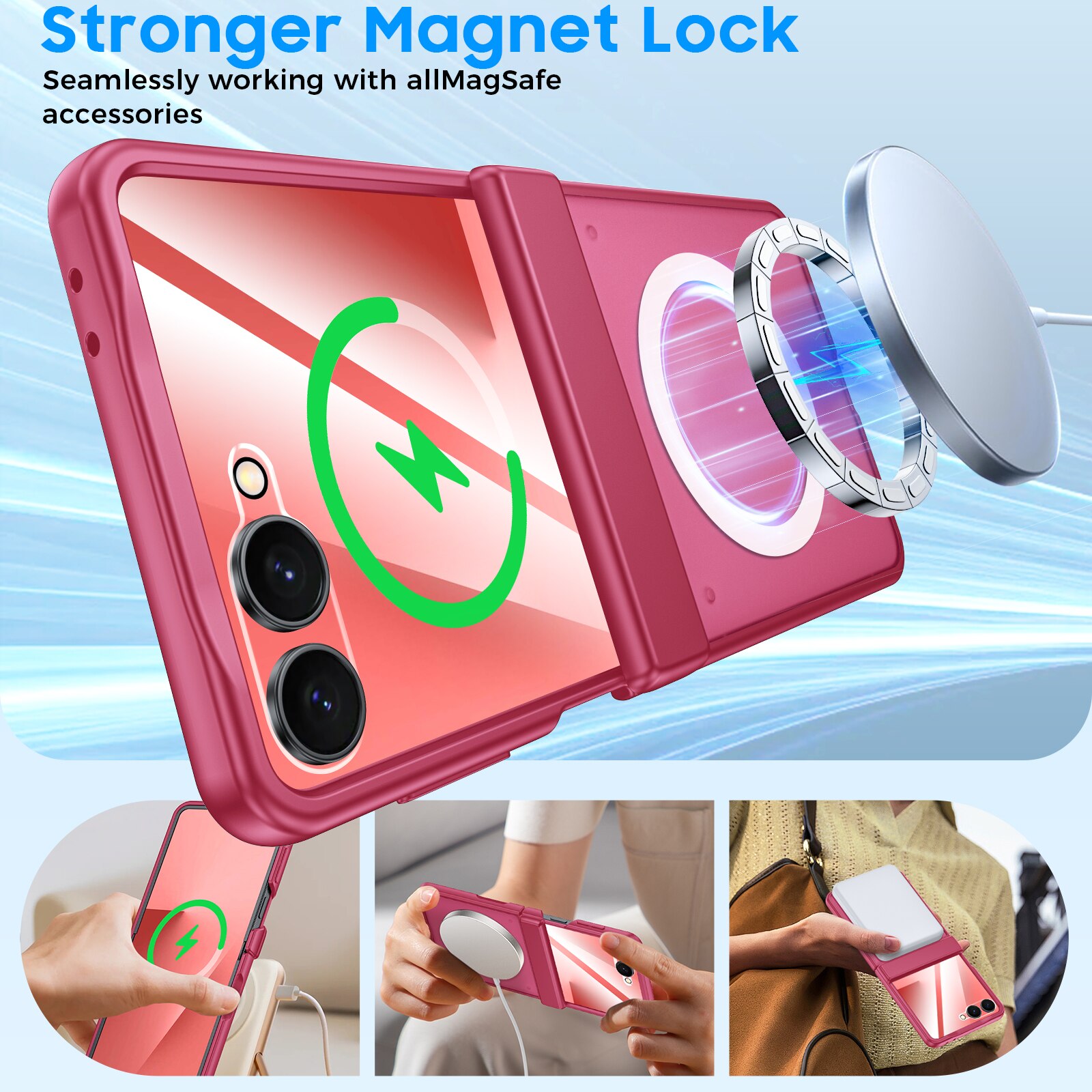Husa pentru Samsung Galaxy Z Flip7, Cu Magnet MagSafe, Balama Inchisa Protectie Completa, Sticla Securizata Pe Ecran Mic, Husa Mat Subtire Anti-Zgarieturi, Decupaje Precise 1:1, rose red