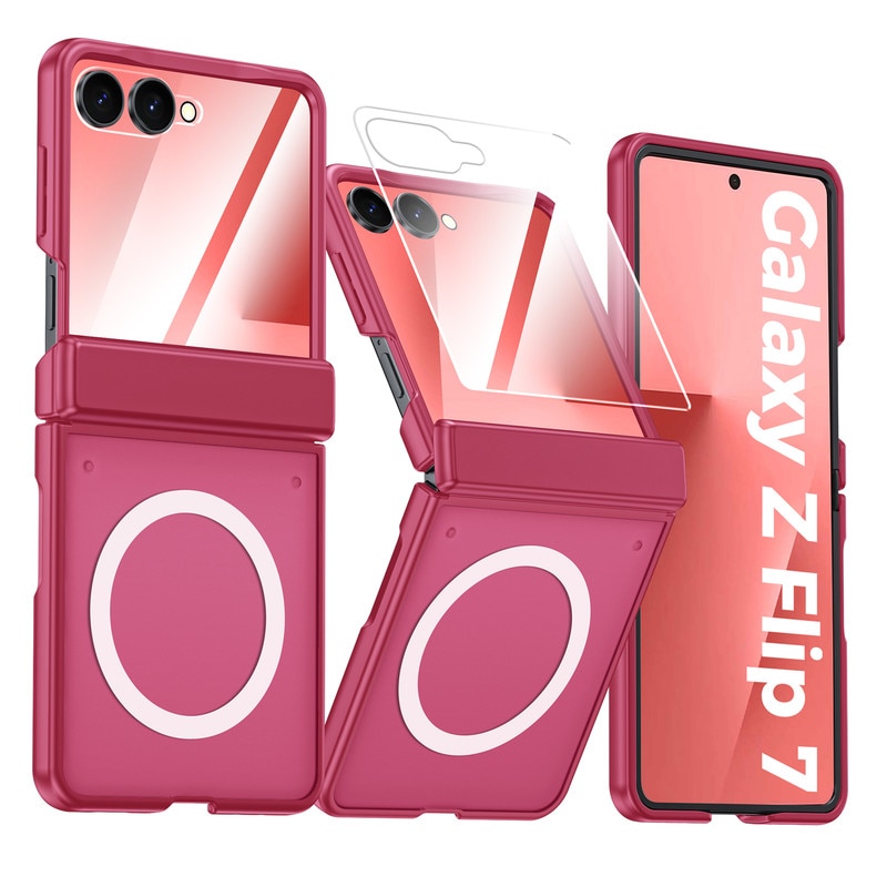 Husa pentru Samsung Galaxy Z Flip7, Cu Magnet MagSafe, Balama Inchisa Protectie Completa, Sticla Securizata Pe Ecran Mic, Husa Mat Subtire Anti-Zgarieturi, Decupaje Precise 1:1, rose red