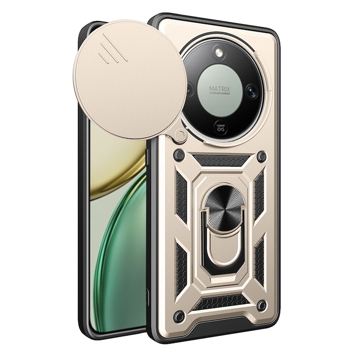 Husa pentru Honor Magic 8 Lite cu inel rotativ 360 Daden, Camshield series, Hybrid Antisoc, Slider pentru protectia camerei, Auriu
