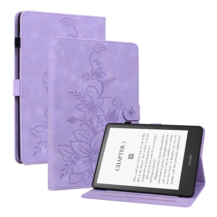 Husa tableta pentru Amazon Kindle Paperwhite 12 Gen 2024, piele embosata cu floarea crinului, capac inteligent, violet