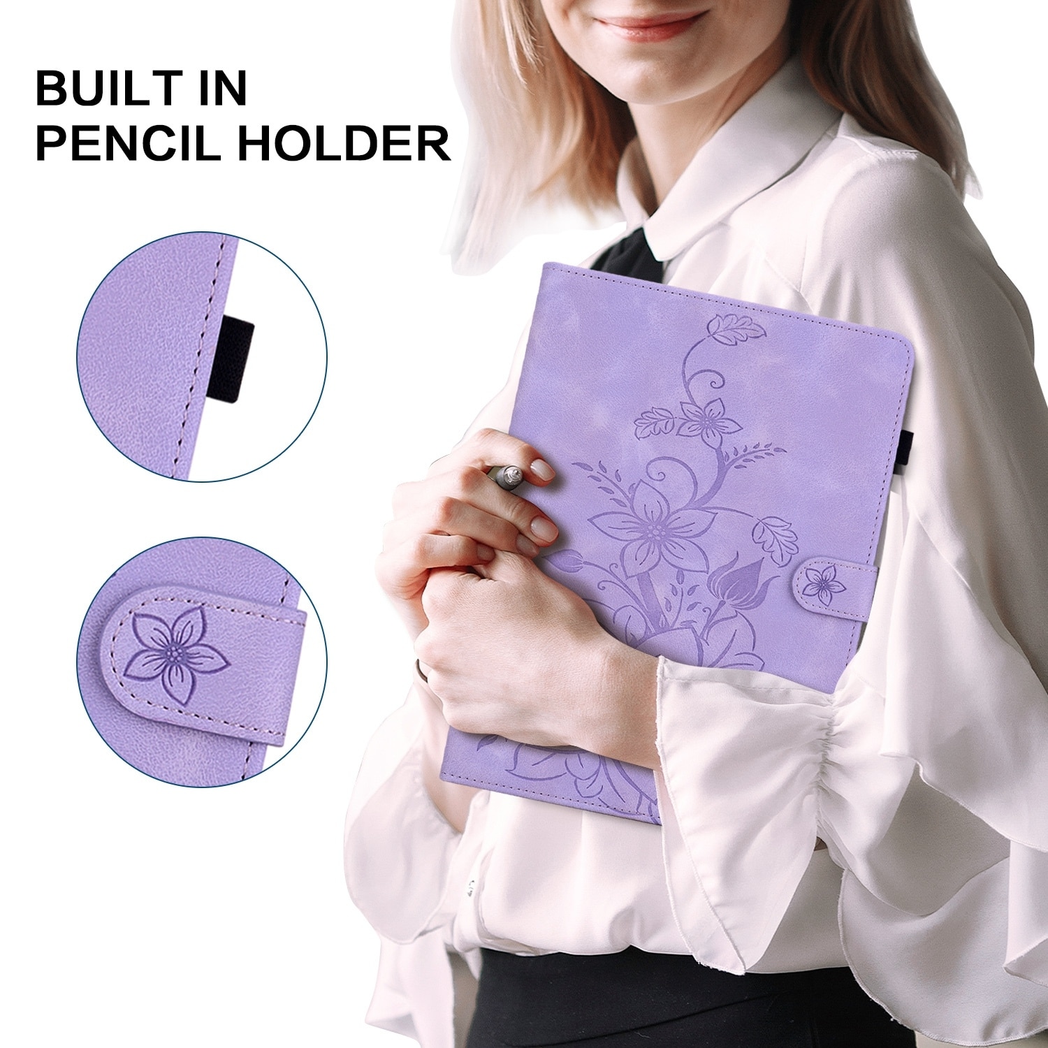 Husa tableta pentru Amazon Kindle Paperwhite 12 Gen 2024, piele embosata cu floarea crinului, capac inteligent, violet
