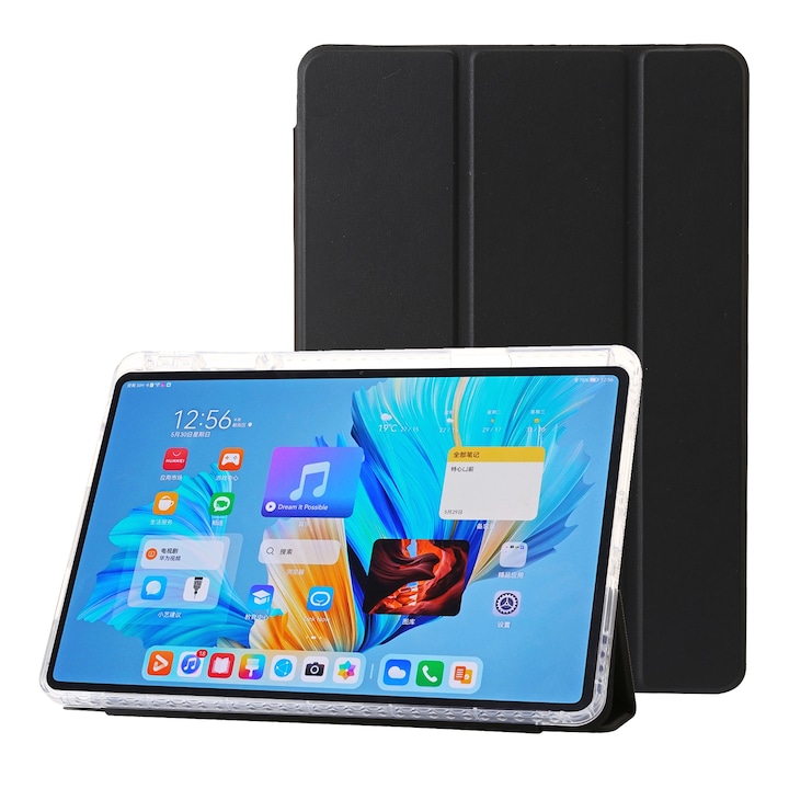 Husa tableta pentru Huawei MatePad 11.5S, acril transparent, tip carte cu 3 plieri, inchidere magnetica, protectie anti-zgarieturi, compatibila 5G, negru