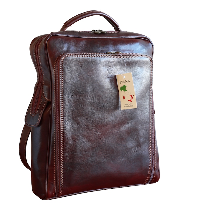 Rucsac pentru laptop din piele naturala, util land, coniac, LR106A