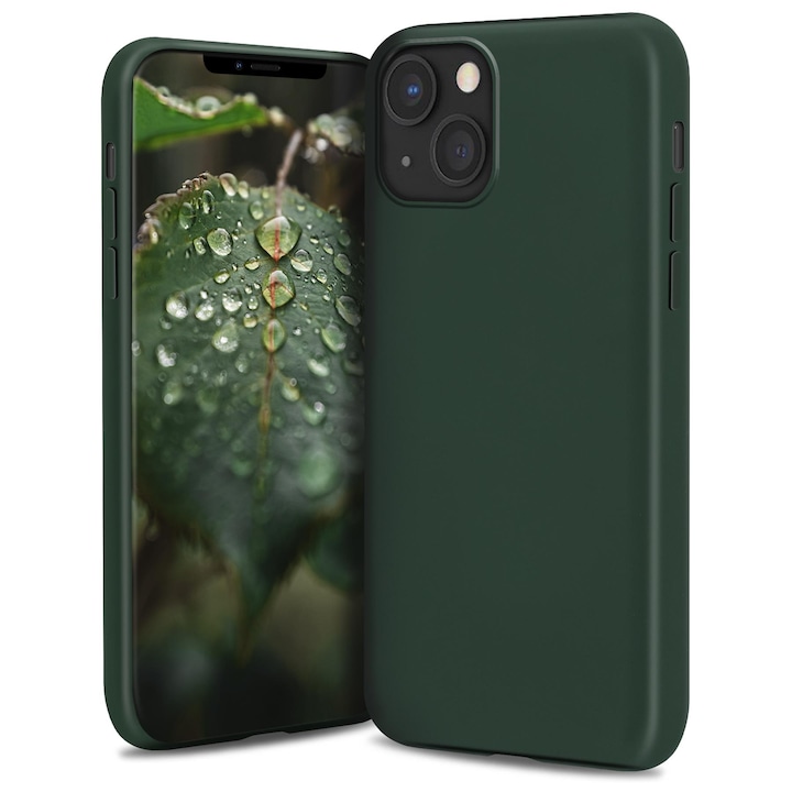 Husa din silicon premium, Moozy, pentru iPhone 13, Verde inchis, interior din microfibra