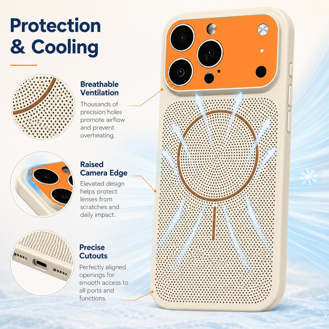 Husa magnetica compatibila cu iPhone 17 Pro Max, carcasa antisoc cu design perforat, protectie camera si margini ridicate, bej cu portocaliu