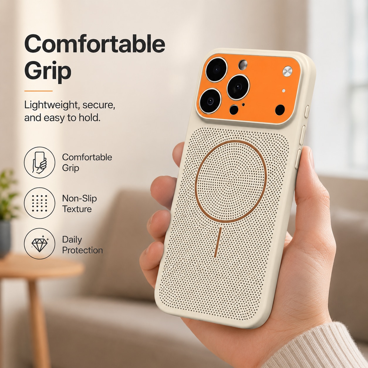 Husa magnetica compatibila cu iPhone 17 Pro Max, carcasa antisoc cu design perforat, protectie camera si margini ridicate, bej cu portocaliu