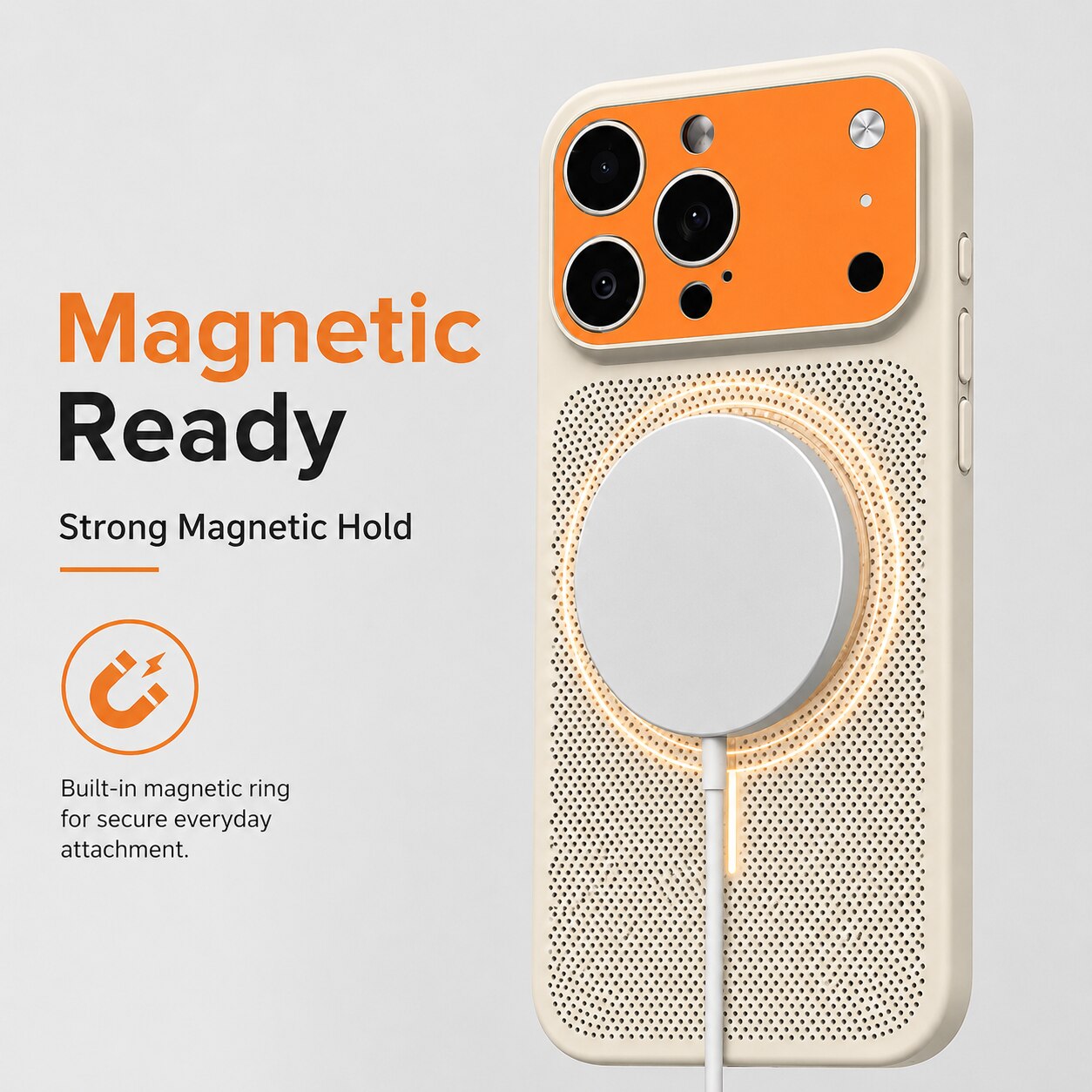 Husa magnetica compatibila cu iPhone 17 Pro Max, carcasa antisoc cu design perforat, protectie camera si margini ridicate, bej cu portocaliu