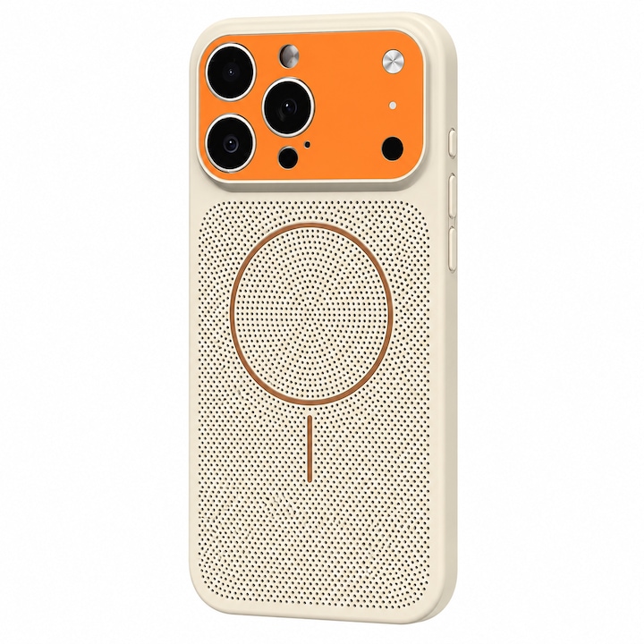 Husa magnetica compatibila cu iPhone 17 Pro Max, carcasa antisoc cu design perforat, protectie camera si margini ridicate, bej cu portocaliu