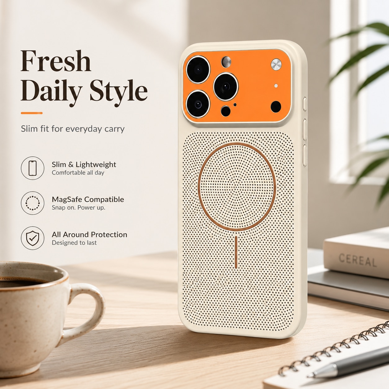 Husa magnetica compatibila cu iPhone 17 Pro Max, carcasa antisoc cu design perforat, protectie camera si margini ridicate, bej cu portocaliu