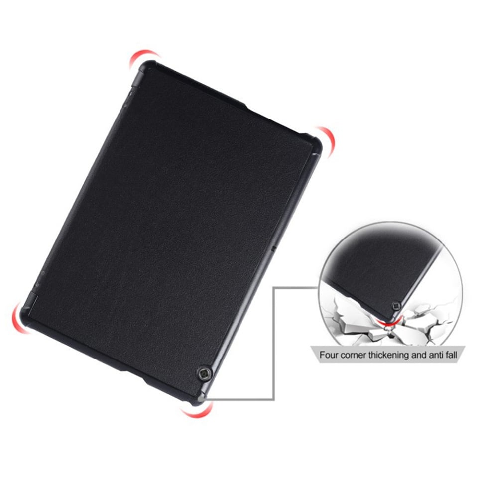 Husa tableta pentru Huawei Mediapad T5 10.1 2018 W09/W19/L03/L09, SKYDDAR INNOVATION, cu suport Multi-Unghi si functie Sleep/Wake, FoldPro, Negru, set cu sticker