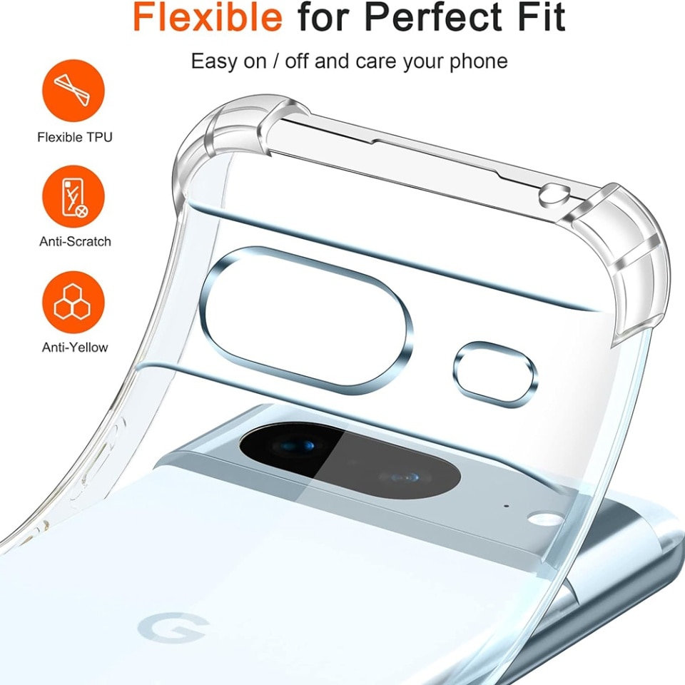 Husa pentru Google Pixel 7, SKYDDAR INNOVATION, Shockproof Clear din Silicon Slim, Transparenta, set cu sticker