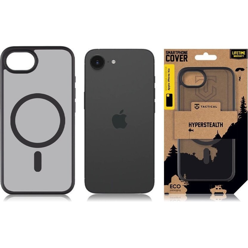 Husa telefon Tactical MagForce Hyperstealth pentru iPhone 16e, transparenta, functie MagSafe, standard militar MIL-STD-810 516, culoare asfalt