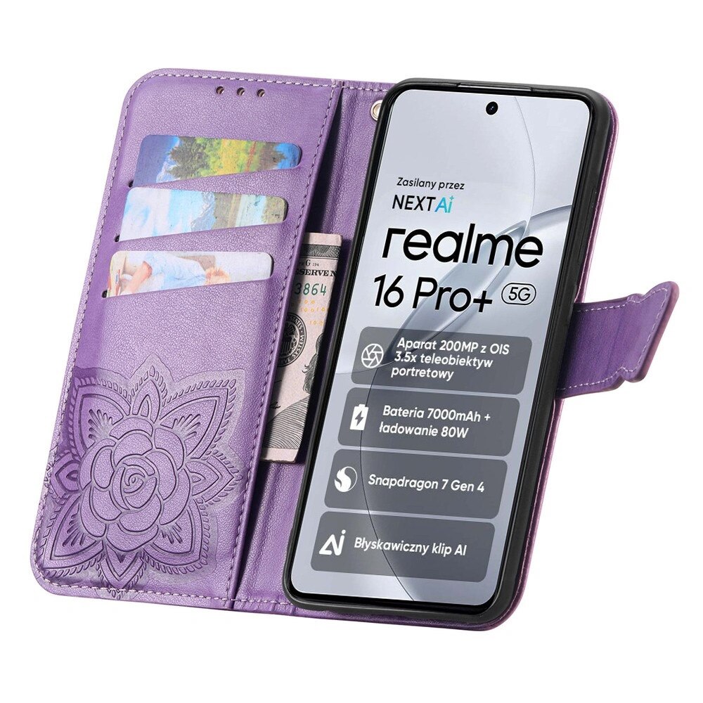 XGSM, Husa cu clapeta (etui) din piele sintetica pentru Realme 16 Pro Plus, cu stand si buzunare pentru carduri, inchidere magnetica, Butterfly, Mov