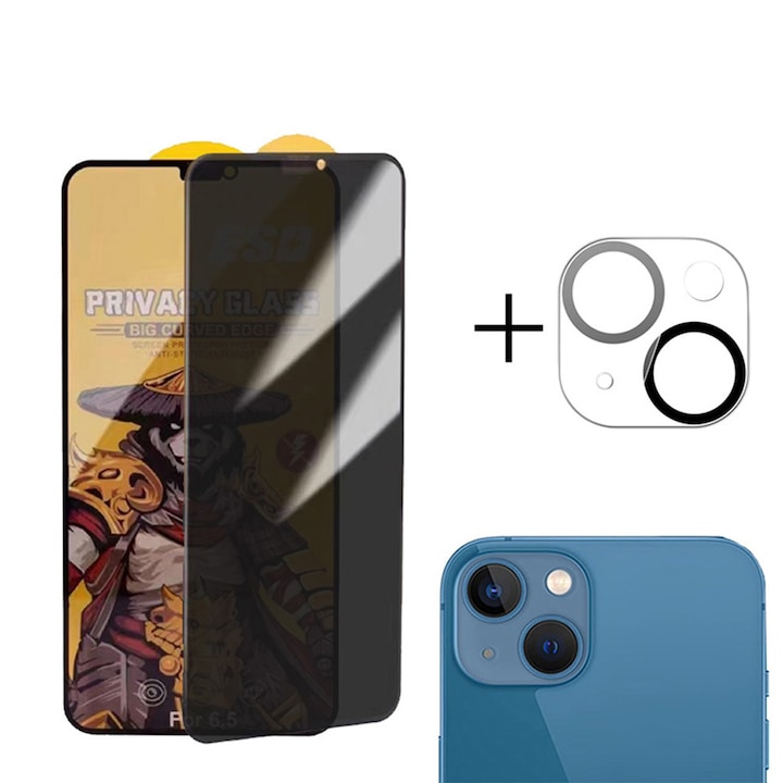 Set 2 folii privacy protectie telefon, Sticla securizata, Pentru ecran/camera, compatibil cu iPhone 15 Plus, acoperire completa