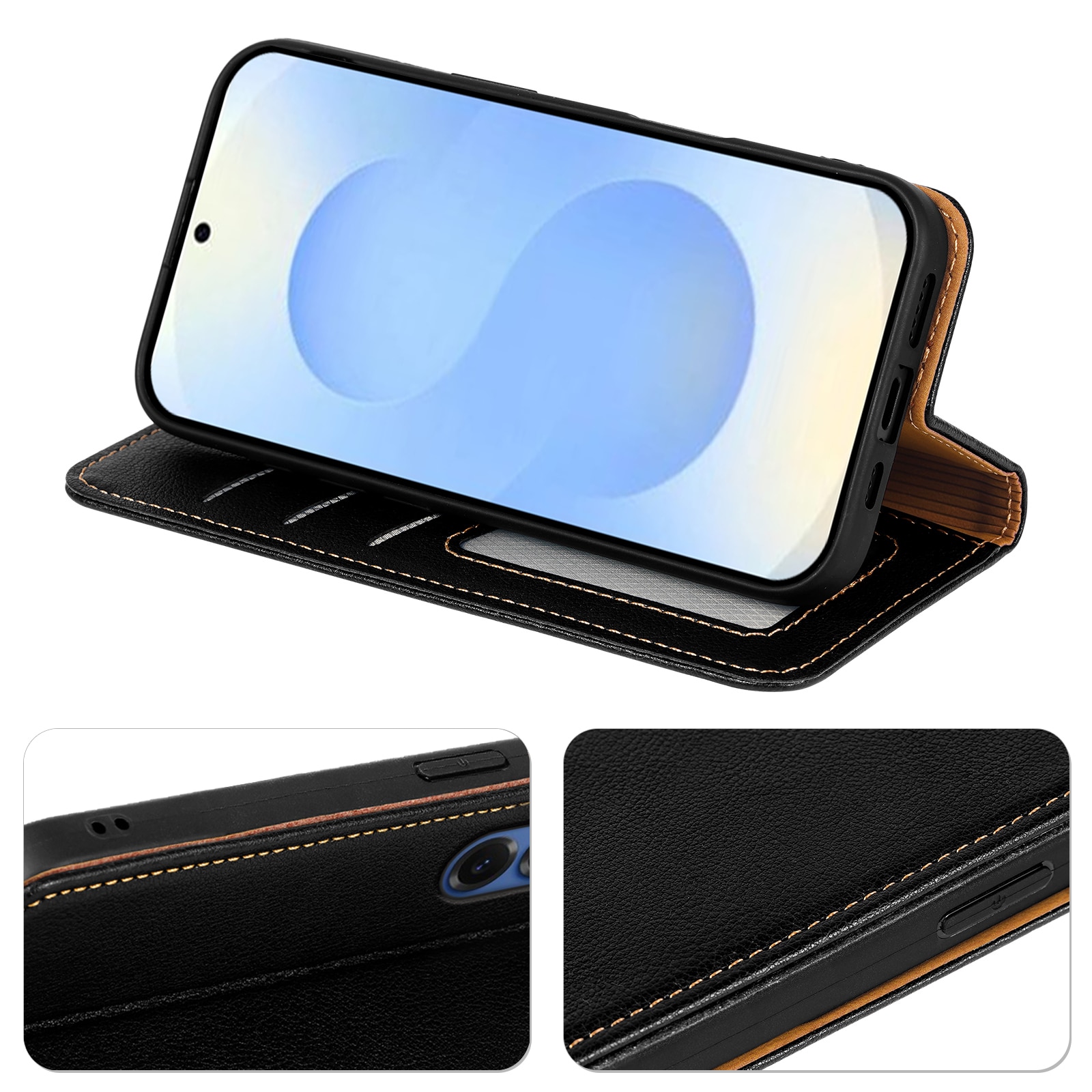 Husa pentru Samsung Galaxy S26, Omelivon, Leather Flip Cover, cu Portofel Interior, Functie de Stand si Inchidere Magnetica, Finisaje Premium, Antisoc, Negru