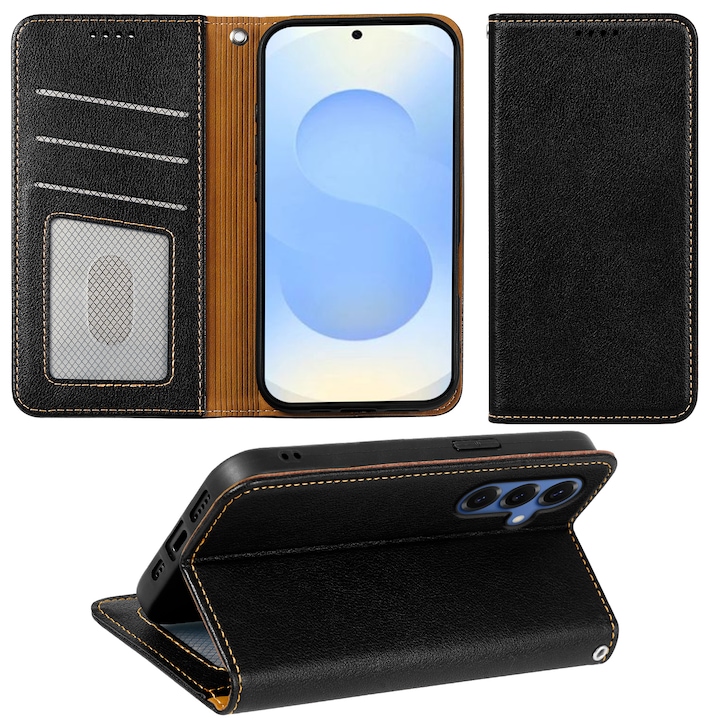Husa pentru Samsung Galaxy S26, Omelivon, Leather Flip Cover, cu Portofel Interior, Functie de Stand si Inchidere Magnetica, Finisaje Premium, Antisoc, Negru