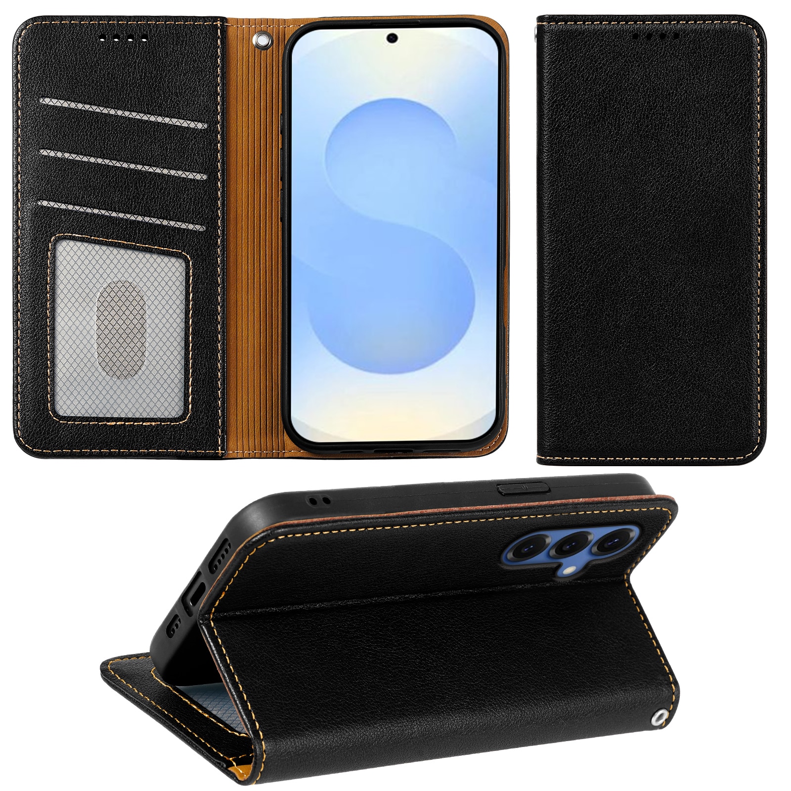 Husa pentru Samsung Galaxy S26, Omelivon, Leather Flip Cover, cu Portofel Interior, Functie de Stand si Inchidere Magnetica, Finisaje Premium, Antisoc, Negru