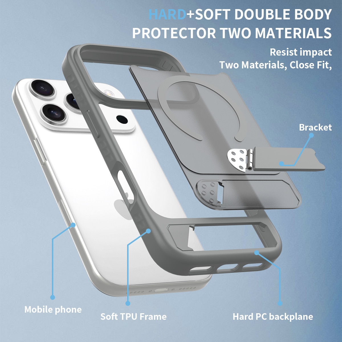 Husa de protectie pentru iPhone 17 Pro, Omelivon, MagSafe, cu Suport ajustabil, Margini ridicate pentru protectia ecranului, Anti-Soc, Decupaje Precise, Incarcare Wireless, Spate Semitransparent, Gri inchis