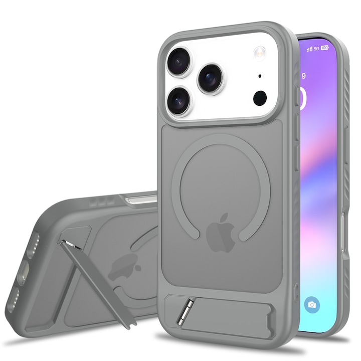 Husa de protectie pentru iPhone 17 Pro, Omelivon, MagSafe, cu Suport ajustabil, Margini ridicate pentru protectia ecranului, Anti-Soc, Decupaje Precise, Incarcare Wireless, Spate Semitransparent, Gri inchis
