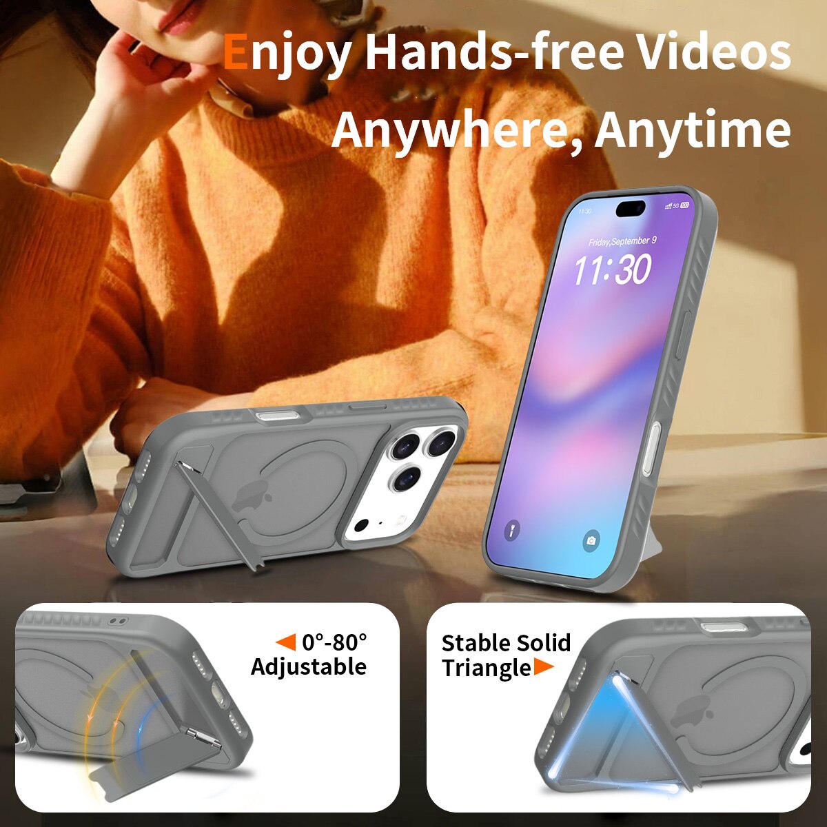 Husa de protectie pentru iPhone 17 Pro, Omelivon, MagSafe, cu Suport ajustabil, Margini ridicate pentru protectia ecranului, Anti-Soc, Decupaje Precise, Incarcare Wireless, Spate Semitransparent, Gri inchis