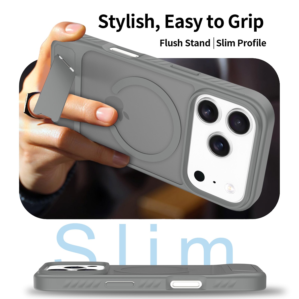 Husa de protectie pentru iPhone 17 Pro, Omelivon, MagSafe, cu Suport ajustabil, Margini ridicate pentru protectia ecranului, Anti-Soc, Decupaje Precise, Incarcare Wireless, Spate Semitransparent, Gri inchis