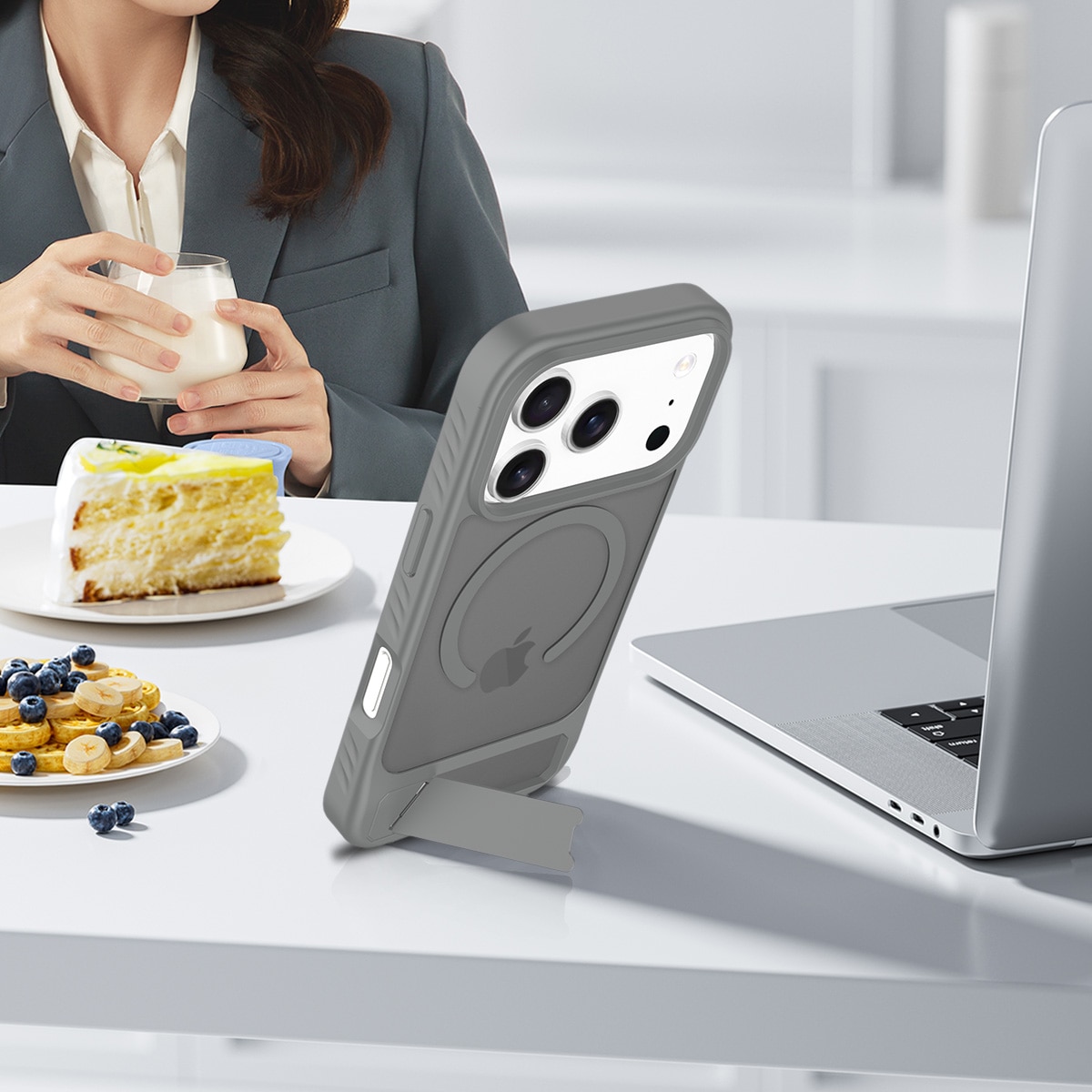 Husa de protectie pentru iPhone 17 Pro, Omelivon, MagSafe, cu Suport ajustabil, Margini ridicate pentru protectia ecranului, Anti-Soc, Decupaje Precise, Incarcare Wireless, Spate Semitransparent, Gri inchis