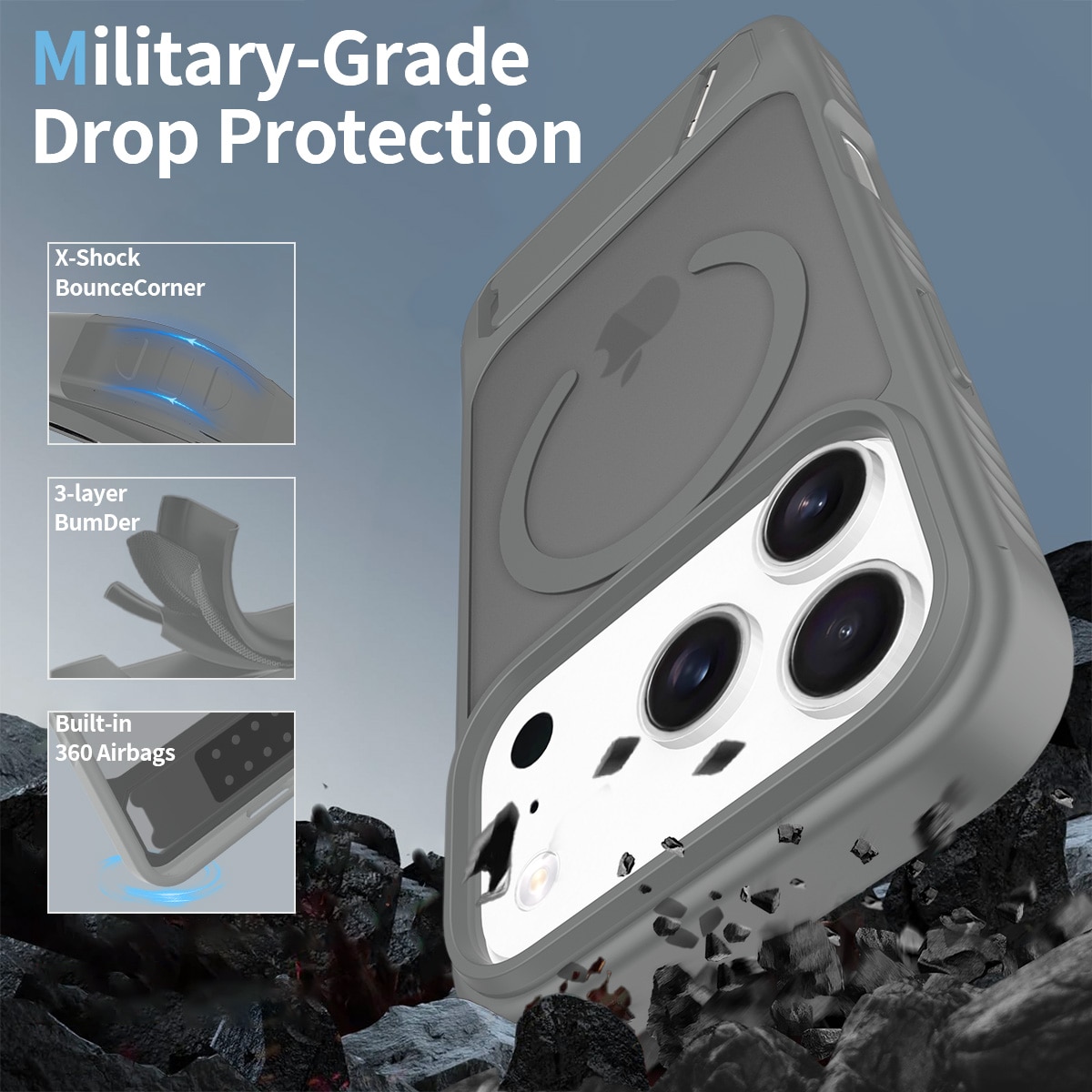 Husa de protectie pentru iPhone 17 Pro, Omelivon, MagSafe, cu Suport ajustabil, Margini ridicate pentru protectia ecranului, Anti-Soc, Decupaje Precise, Incarcare Wireless, Spate Semitransparent, Gri inchis