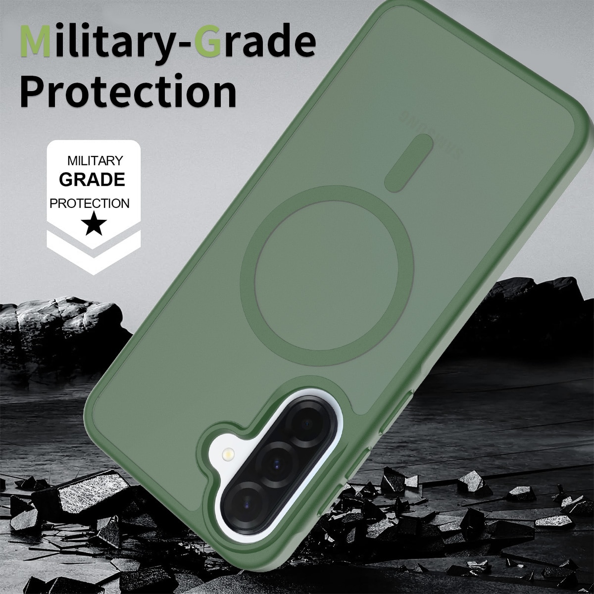 Husa de protectie pentru Samsung Galaxy A37, Omelivon, MagSafe, Incarcare Wireless, Antisoc, Margini Ridicate pentru Protectia Ecranului si a Camerelor, Materiale Premium, Verde inchis