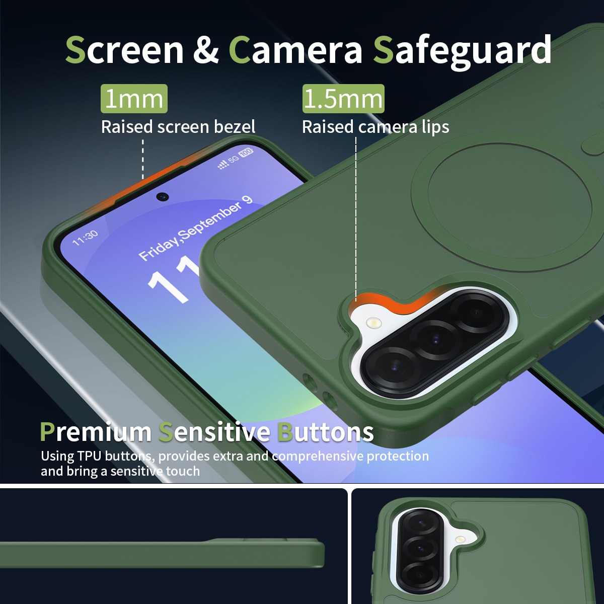 Husa de protectie pentru Samsung Galaxy A37, Omelivon, MagSafe, Incarcare Wireless, Antisoc, Margini Ridicate pentru Protectia Ecranului si a Camerelor, Materiale Premium, Verde inchis