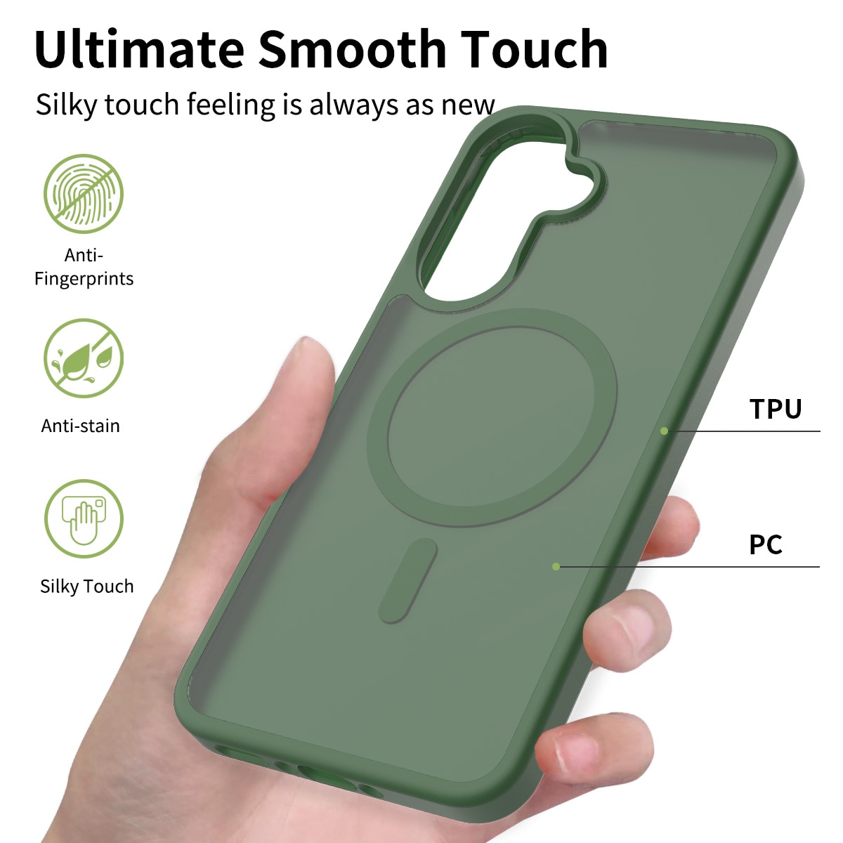 Husa de protectie pentru Samsung Galaxy A37, Omelivon, MagSafe, Incarcare Wireless, Antisoc, Margini Ridicate pentru Protectia Ecranului si a Camerelor, Materiale Premium, Verde inchis