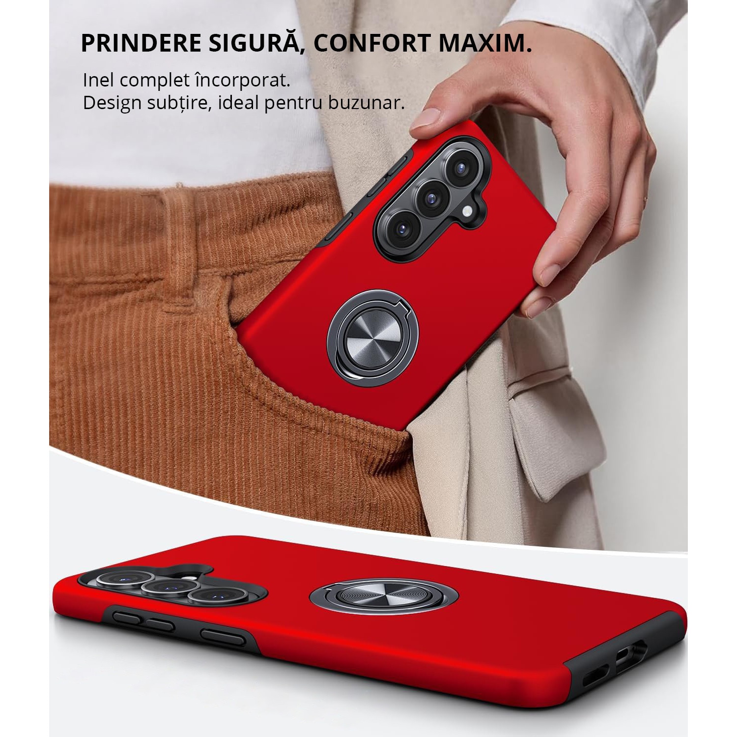 Husa MobileSmart pentru Samsung Galaxy S26, Inel Rotativ 360°, Suport Auto Magnetic, Protectie Camera, Antisoc, Rosu
