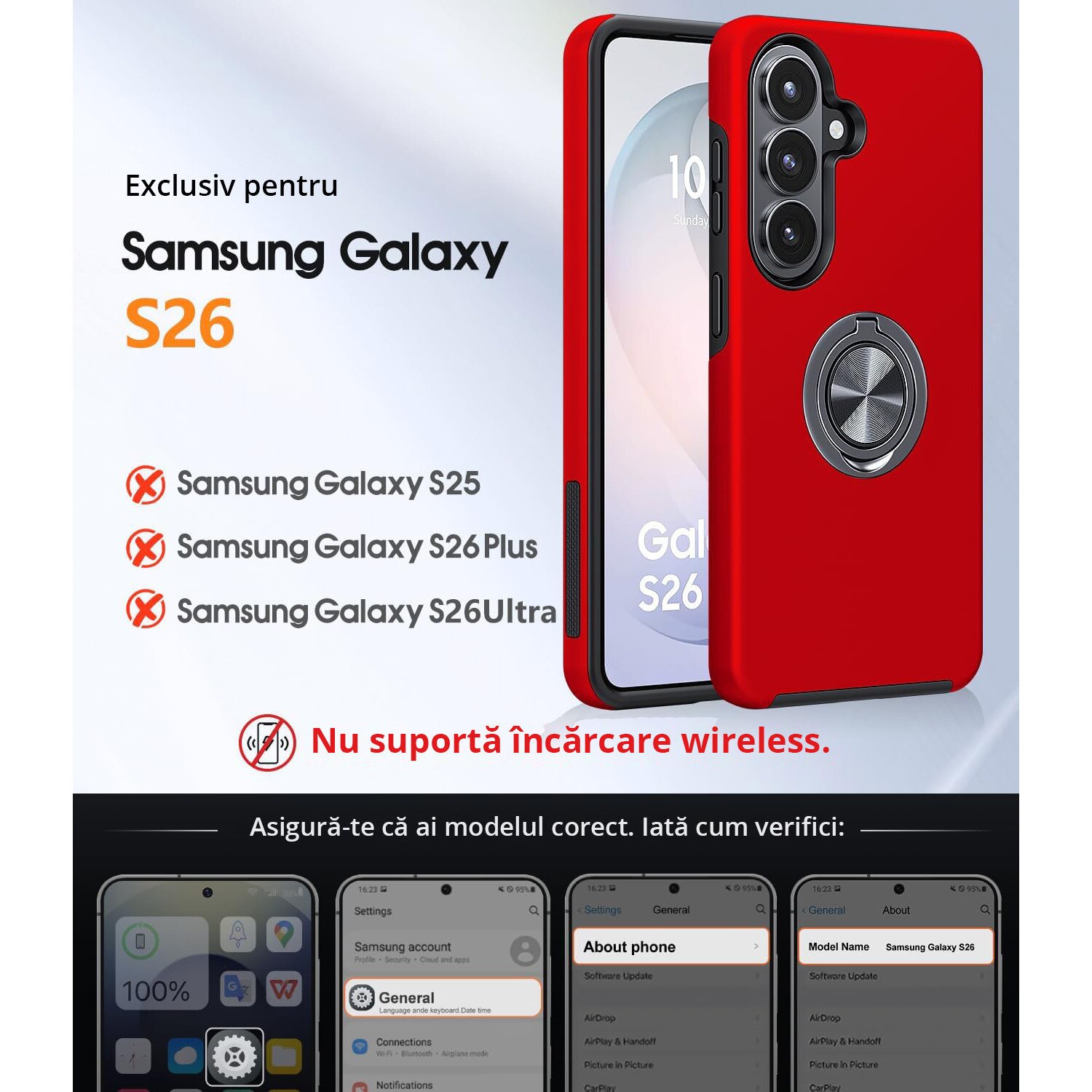 Husa MobileSmart pentru Samsung Galaxy S26, Inel Rotativ 360°, Suport Auto Magnetic, Protectie Camera, Antisoc, Rosu