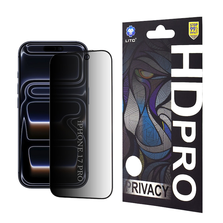 Folie de protectie Ecran Privacy Lito HD Pro pentru Apple iPhone 17 Pro Sticla Securizata Full Glue