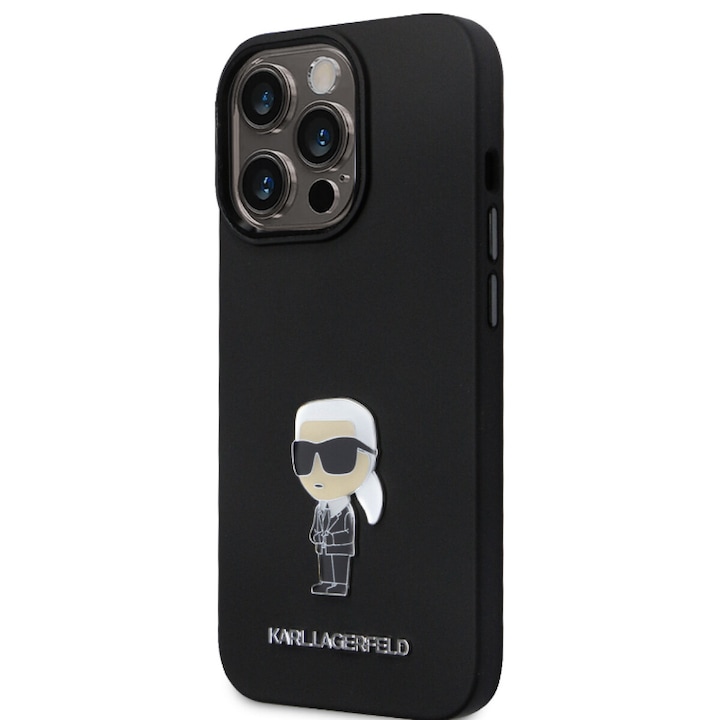 Husa de protectie Cover Karl Lagerfeld Liquid Silicone Metal Ikonik pentru iPhone 15 Pro, Negru