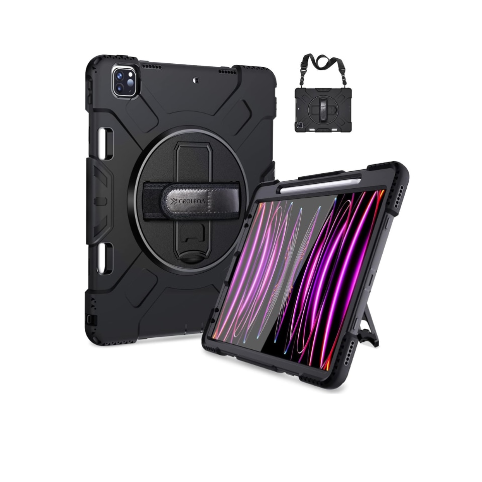 Husa GROLEOA pentru iPad Pro 12.9 2022/2021, din Silicon, cu Antisoc, cu Suport pentru Creion, Curea si Suport Rotativ, Negru