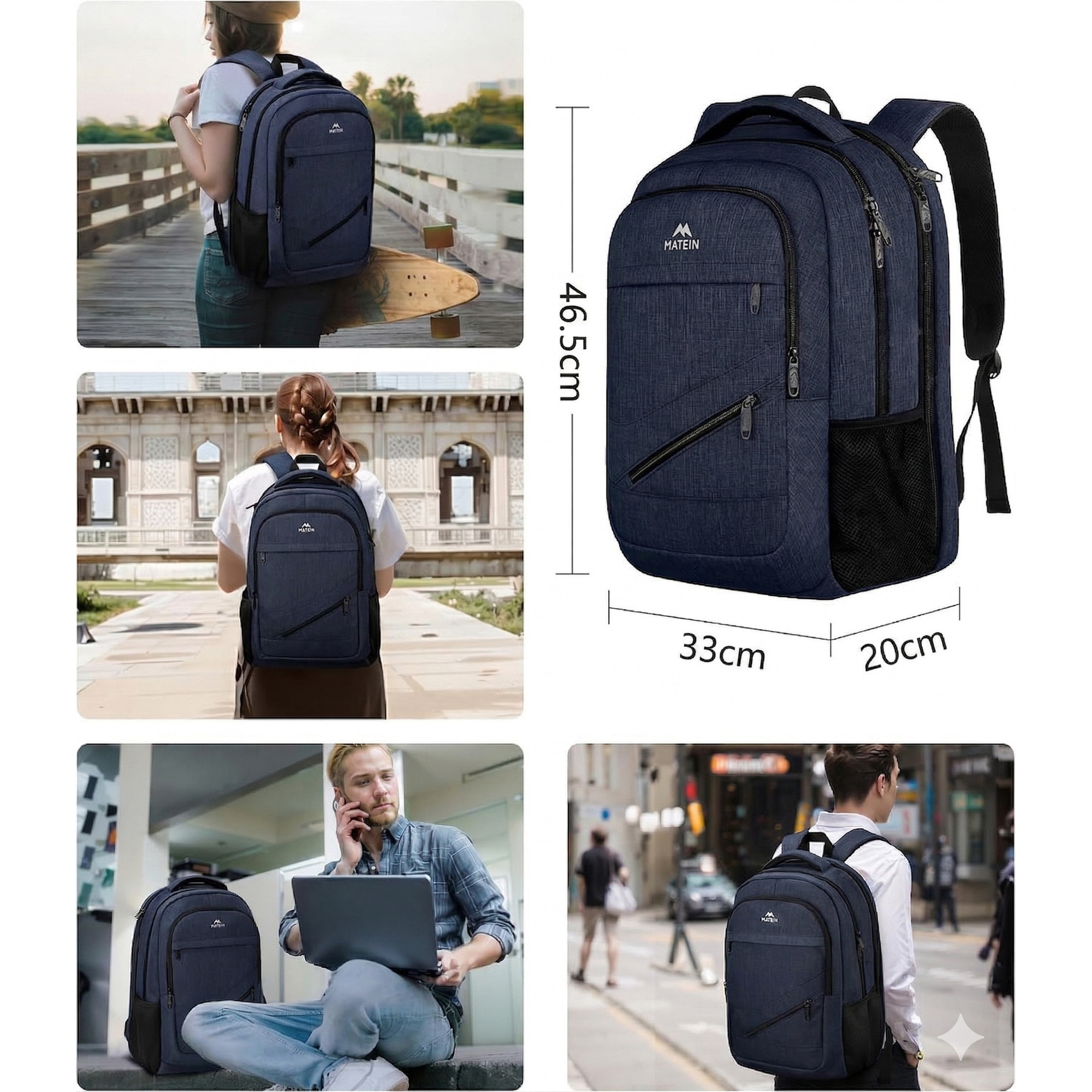 Rucsac Matein 1035, 3 compartimente, albastru, 46.5x33x20cm, 35L, USB, antifurt