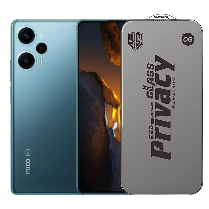 Folie de Protectie pentru Xiaomi Poco F5, Leski, Sticla Securizata ESD Antistatica, Super-X Privacy OG, Margini Negre, 0.30 mm, Transparent Inchis