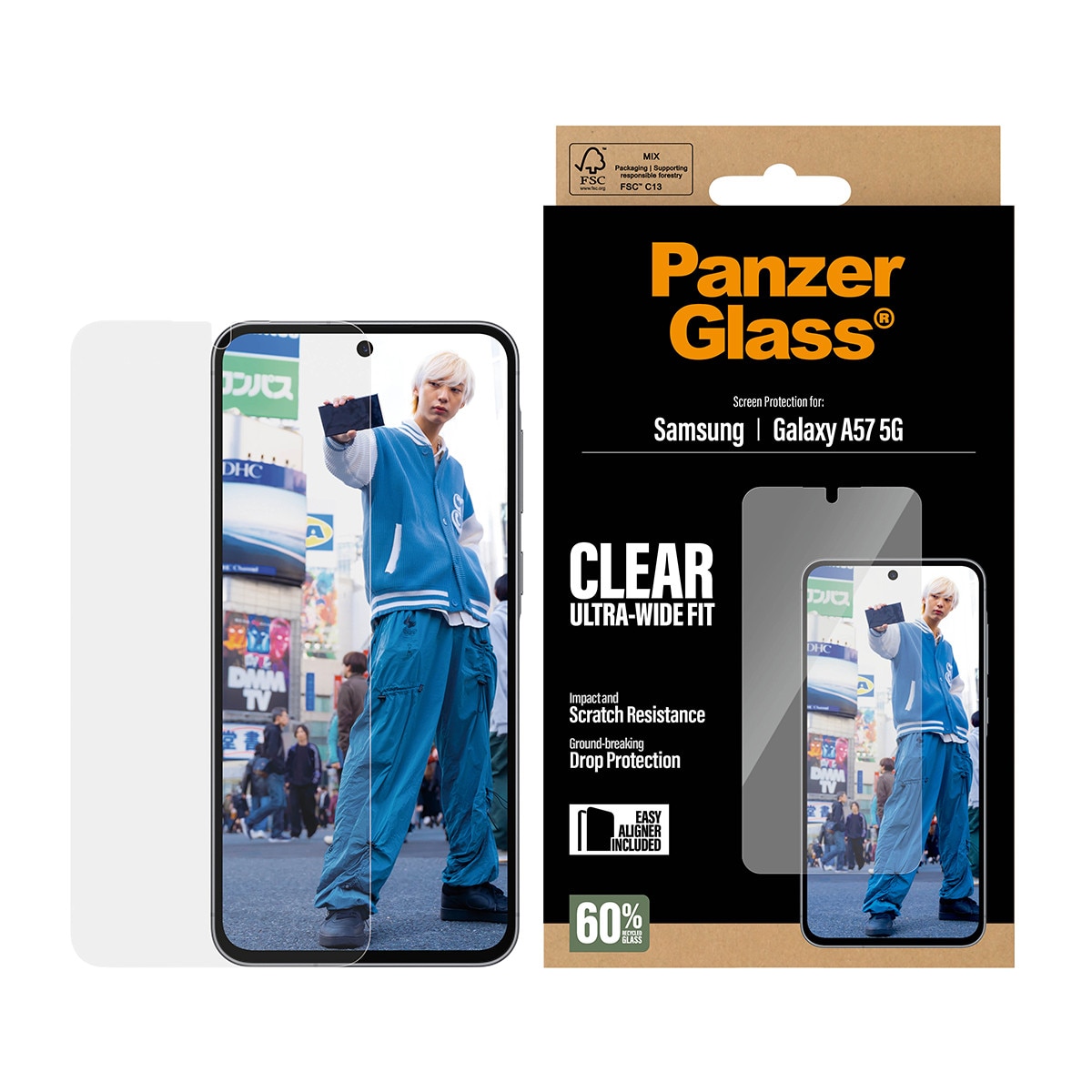 Folie sticla securizata PanzerGlass Ultra-Wide Fit, Kit montare inclus, compatibila cu Samsung Galaxy A57 5G, Transparent