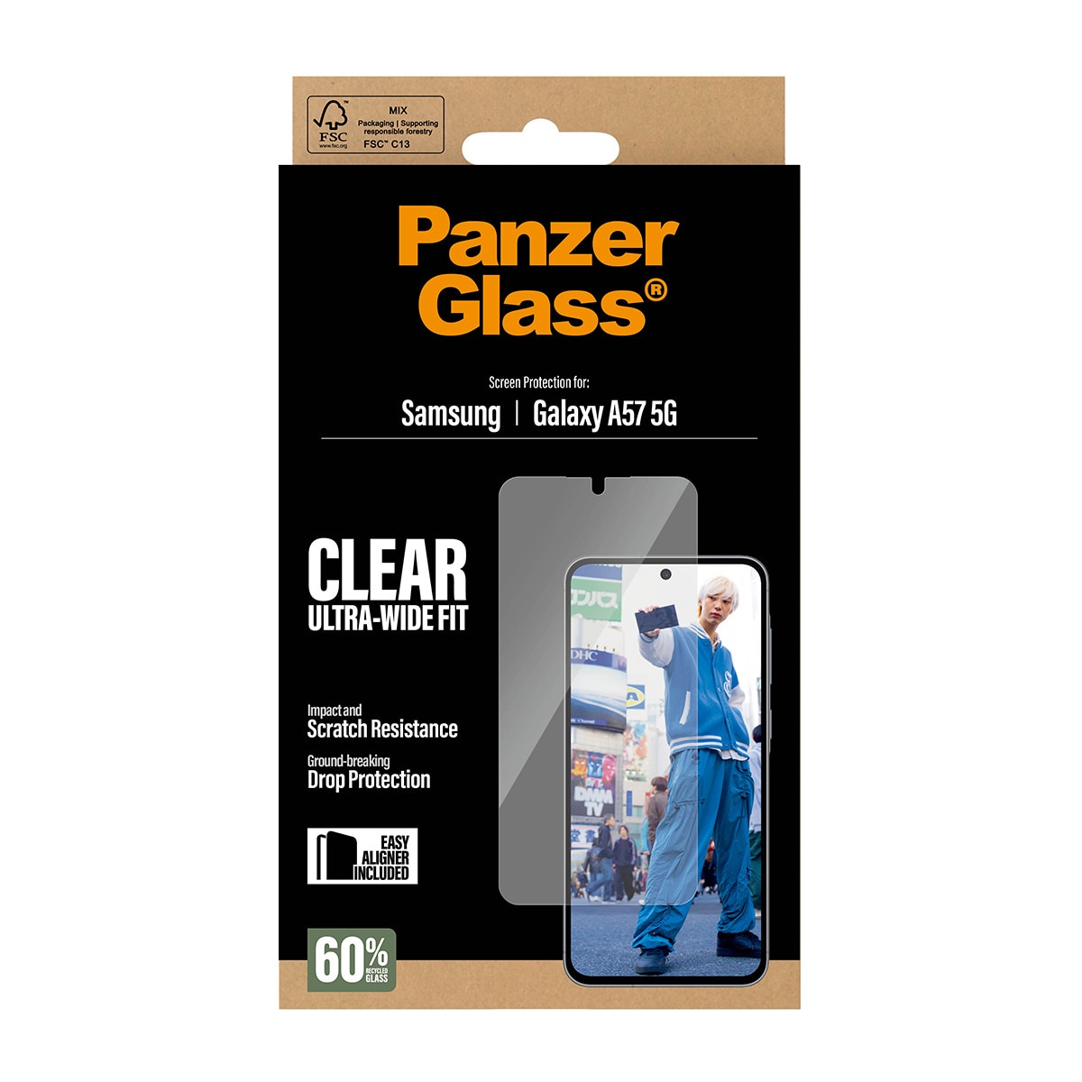 Folie sticla securizata PanzerGlass Ultra-Wide Fit, Kit montare inclus, compatibila cu Samsung Galaxy A57 5G, Transparent
