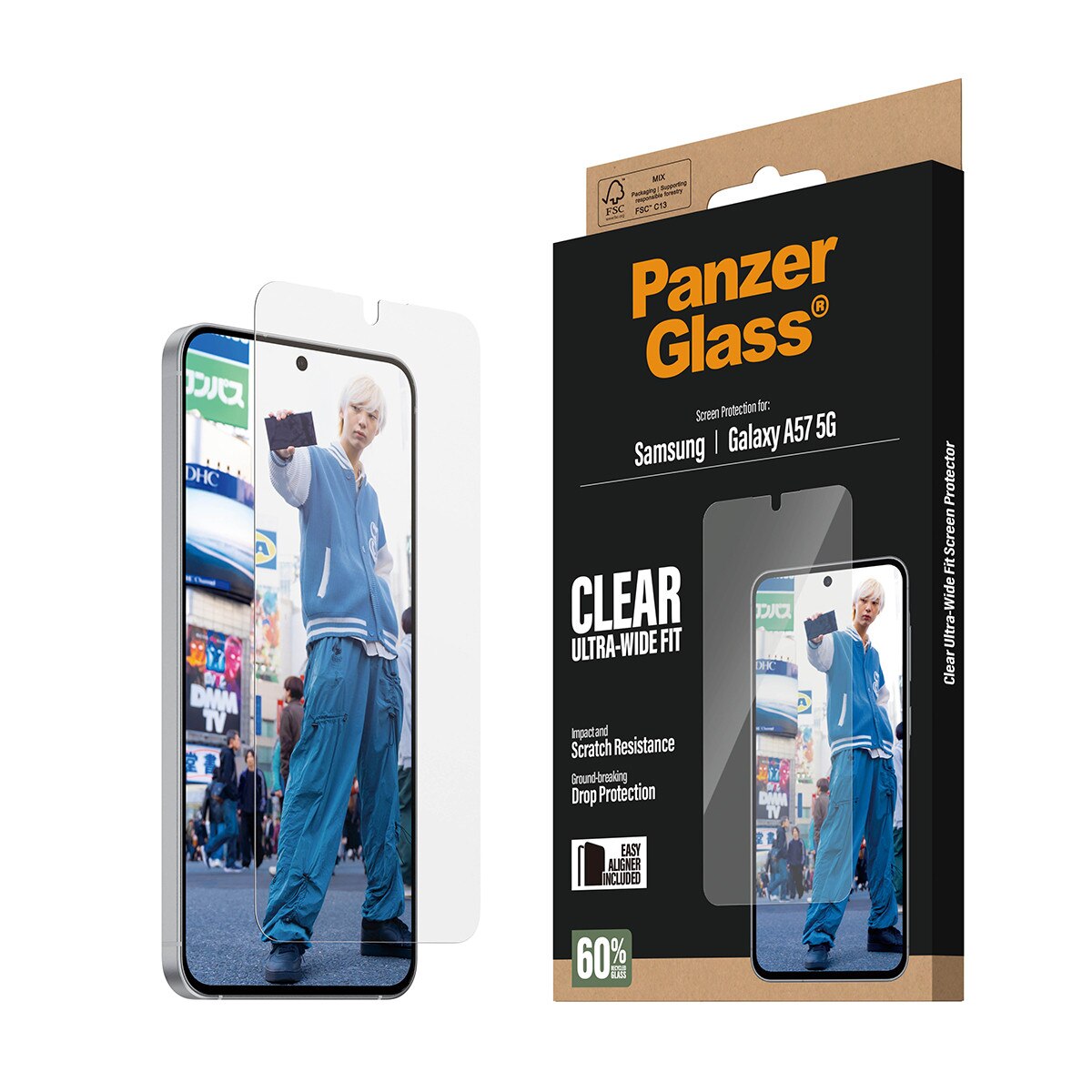 Folie sticla securizata PanzerGlass Ultra-Wide Fit, Kit montare inclus, compatibila cu Samsung Galaxy A57 5G, Transparent