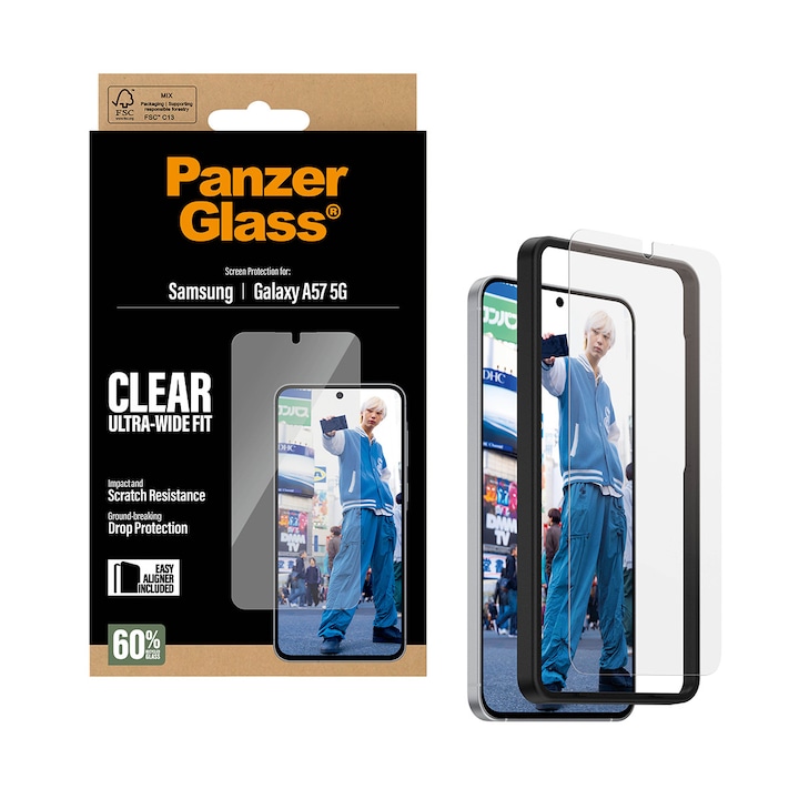 Folie sticla securizata PanzerGlass Ultra-Wide Fit, Kit montare inclus, compatibila cu Samsung Galaxy A57 5G, Transparent