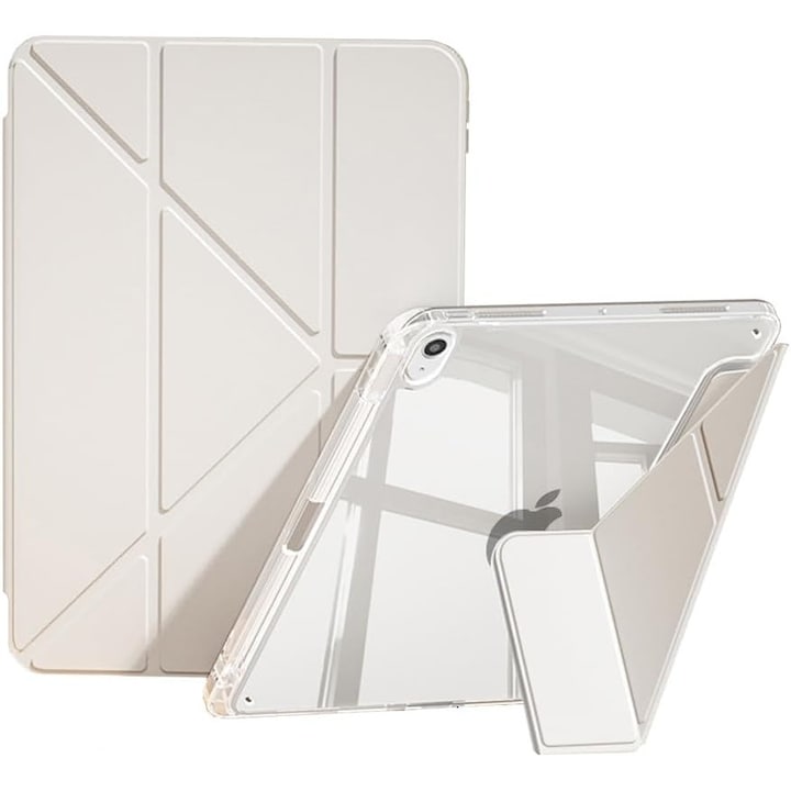 Husa tableta ultra-subtire pentru iPad 11 inch, cu slot pentru stilou, functie de trezire/hibernare automata, suport cu unghiuri multiple, culoare crem, include stylus.